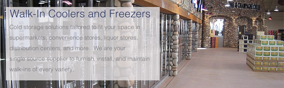 Commercial walk-in cooler installation with glass-door refrigeration units